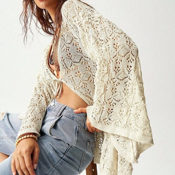 Beige Casual Women's Hollow Out Knitted Cardigan With Flared Sleeves - Picture 4 of 8